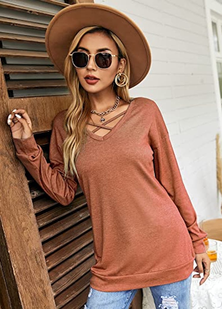 Genhoo Long Sleeve Criss Cross V Neck 