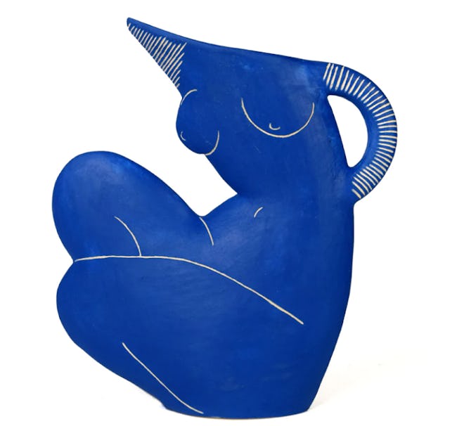 Crouched Nude Blue Earthenware Pitcher