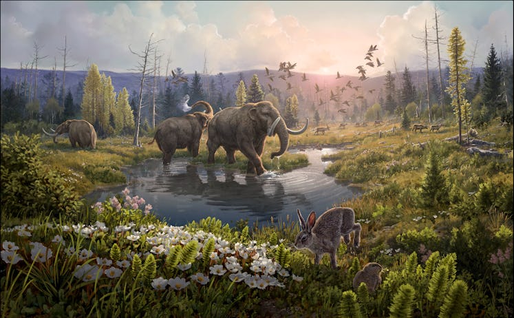 An artistic rendering of mastodons and plant life thriving in a warmer ancient Greenland