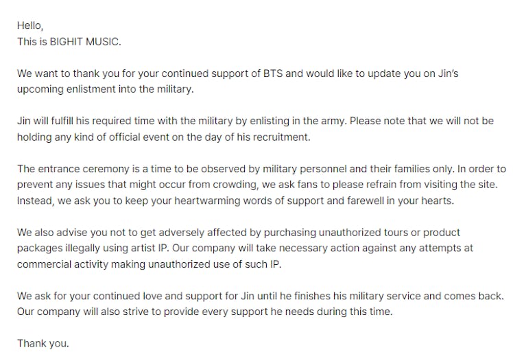 On Dec. 6, BTS' agency, BigHit Music, shared an update on Weverse regarding Jin's upcoming enlistmen...