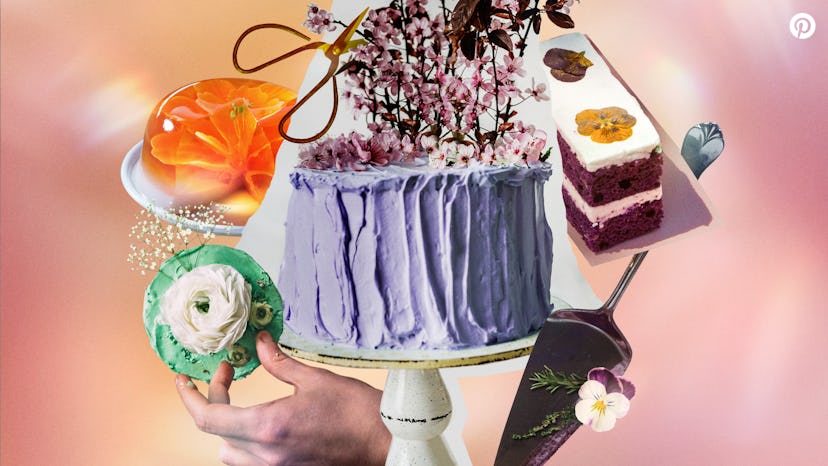 A collage of 2023 Pinterest trend prediction foods, like a lavender cake with flowers on top, a flor...