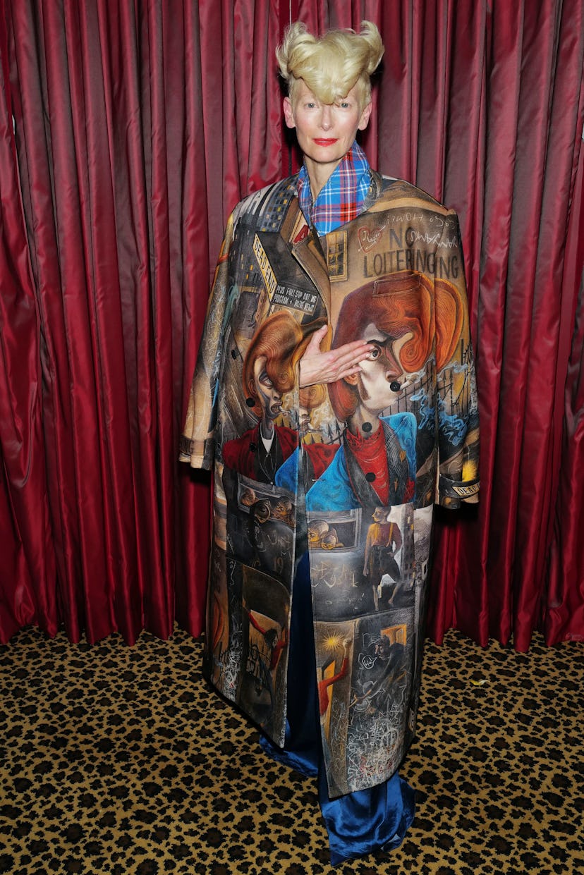 Tilda Swinton wearing a printed Charles Jeffrey Loverboy look at the 2022 Fashion Awards after-party...