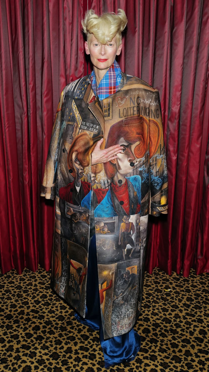 Tilda Swinton wearing a printed Charles Jeffrey Loverboy look at the 2022 Fashion Awards after-party...