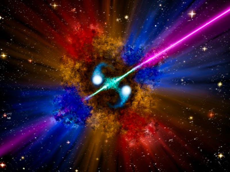 a beam shooting off the center of two objects orbiting each other