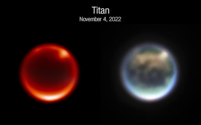土星的卫星泰坦的并排图像，由韦伯的近红外相机拍摄于11月4日，2日…