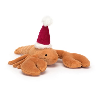 A lobster plush with a red Santa hat, one of the cute new holiday Jellycats 2022