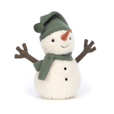 A happy plush snowman with green hat and scarf, a holiday Jellycat 2022