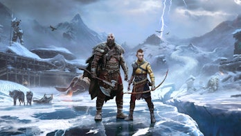 God of War Kratos and Atreus standing in snow
