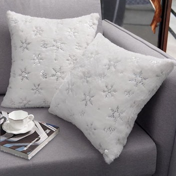 White Christmas Pillow Covers, Plush Snowflakes Sequins
