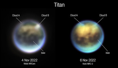 土星卫星泰坦的大气和表面的并排图像，由韦伯(左)拍摄。