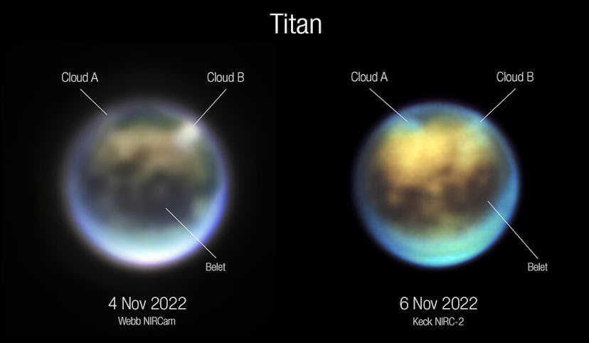 Side-by-side images of the atmosphere and surface of Saturn’s moon Titan, captured by Webb (left) an...