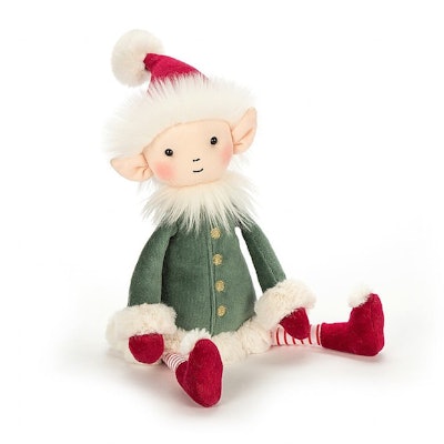 A plush elf with a green jacket and Santa hat trimmed in faux fur