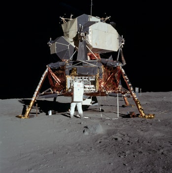 An image of the Lunar Module Eagle onto the Moon’s surface.