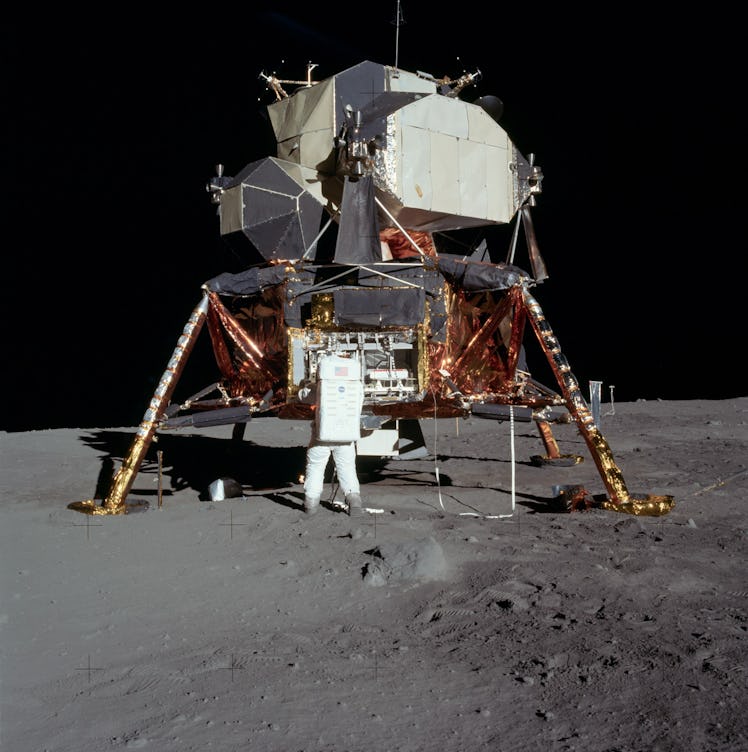 An image of the Lunar Module Eagle onto the Moon’s surface.