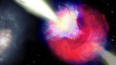 Artist’s impression of GRB 211211A. The kilonova and gamma-ray burst is on the right. The blue color...