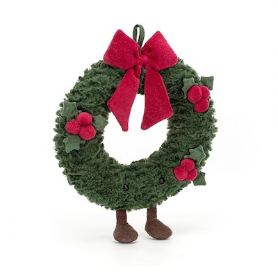 A stuffed wreath with a red bow and holly berries, one of the cutest new Jellycats 2022