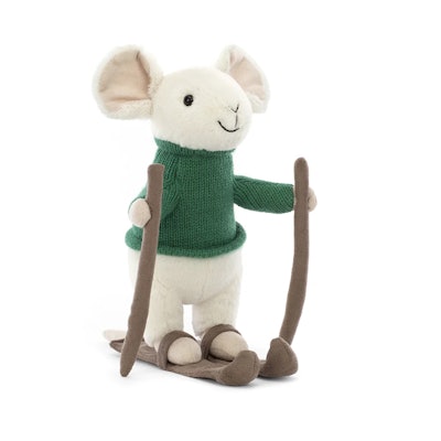 A cute plush mouse on skis, one of the new Jellycat holiday collection plushes