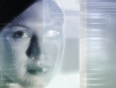 A woman with a computerized visage