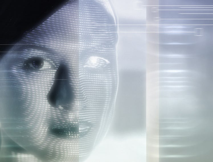 A woman with a computerized visage