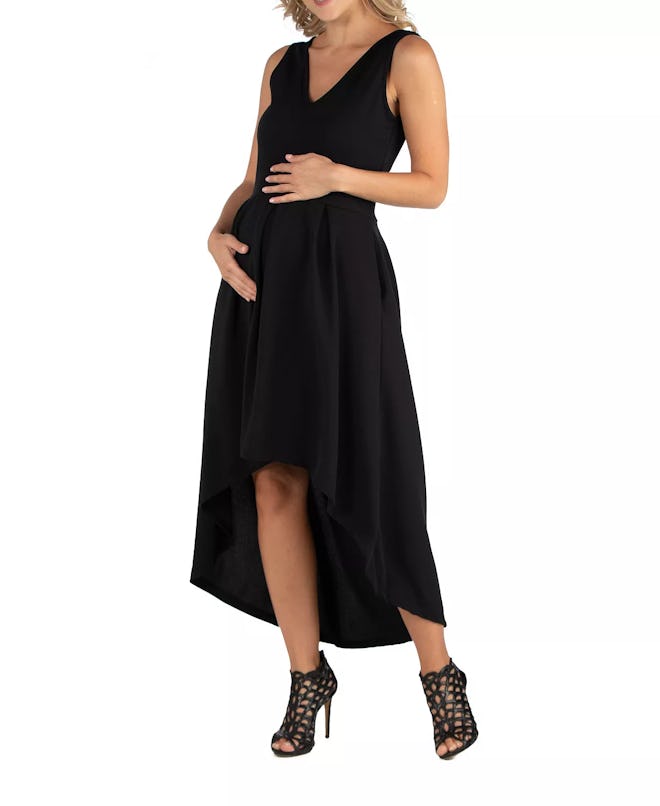 Black sleeveless maternity dress with high-low skirt