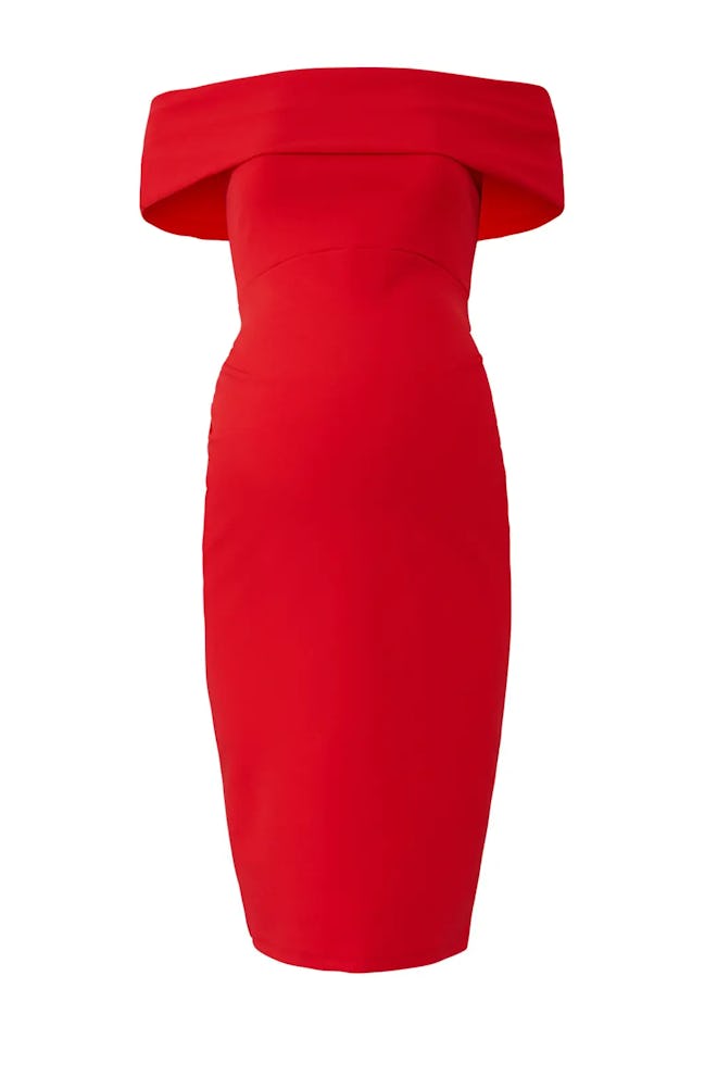 A red off-the-shoulder maternity sheath dress, suitable for a new year's maternity outfit