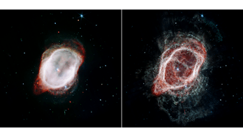 These are two side by side views of the same object: The Southern Ring Nebula. The left shows a fill...