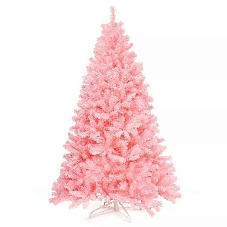 Hinged Artificial Christmas Tree Full Fir Tree New PVC w/ Metal Stand Pink