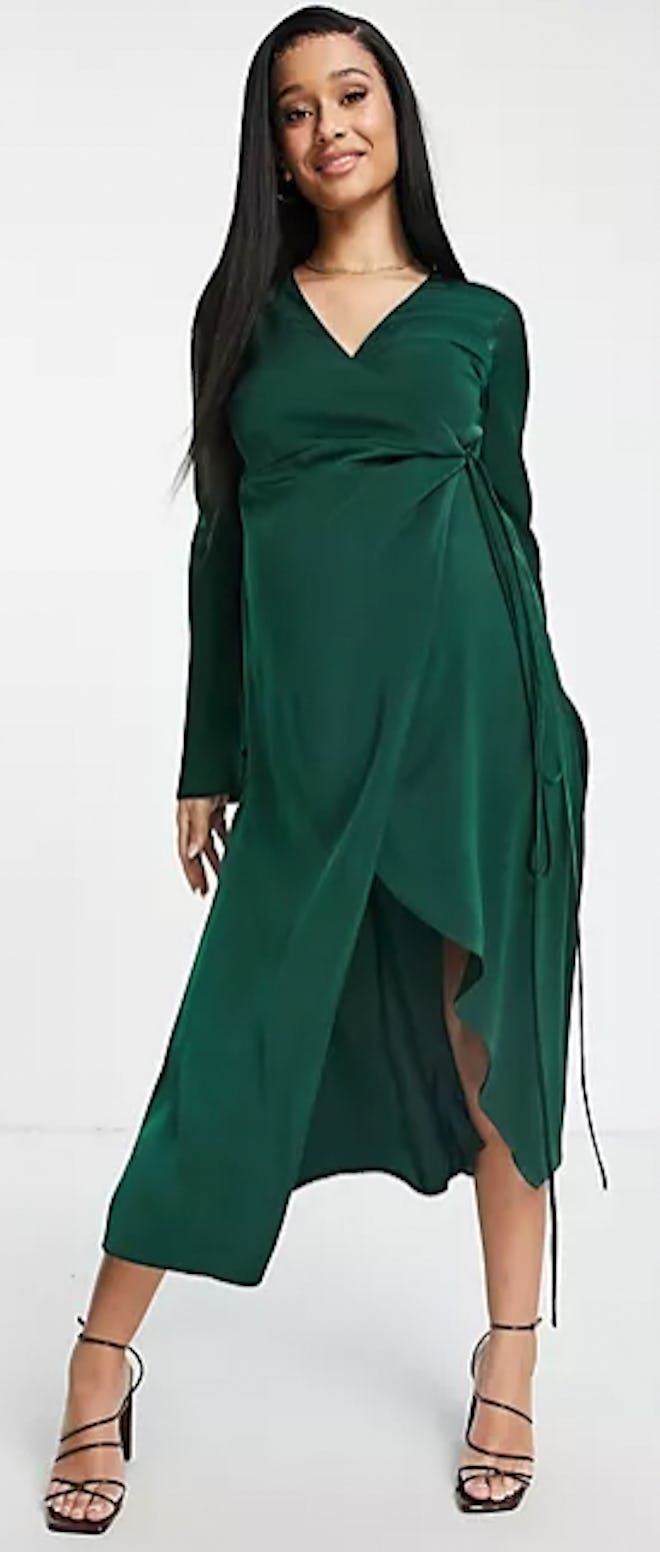 Forest green satin wrap dress for maternity new year's dress