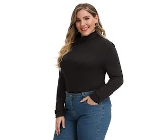 this jersey layering turtleneck has a longer length that tucks seamlessly into bottoms
