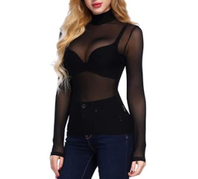 this mesh turtleneck top layers well, or creates a daring going-out look