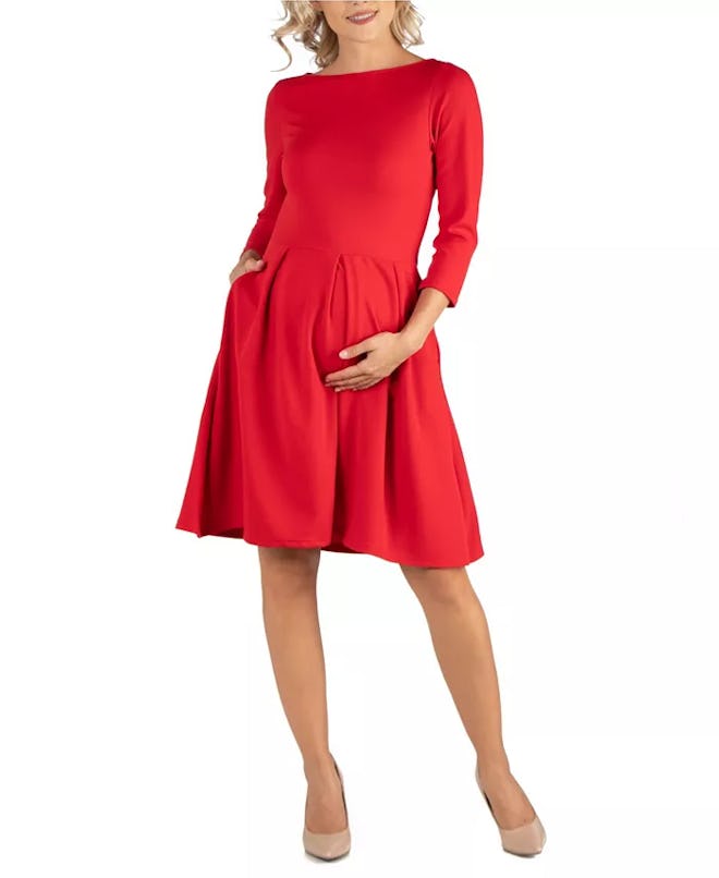 A red fit and flare maternity mini dress available in plus sizes