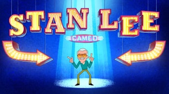 Stan Lee dances under a spotlight under a huge sign that says, "Stan Lee Cameo." Two big arrows poin...