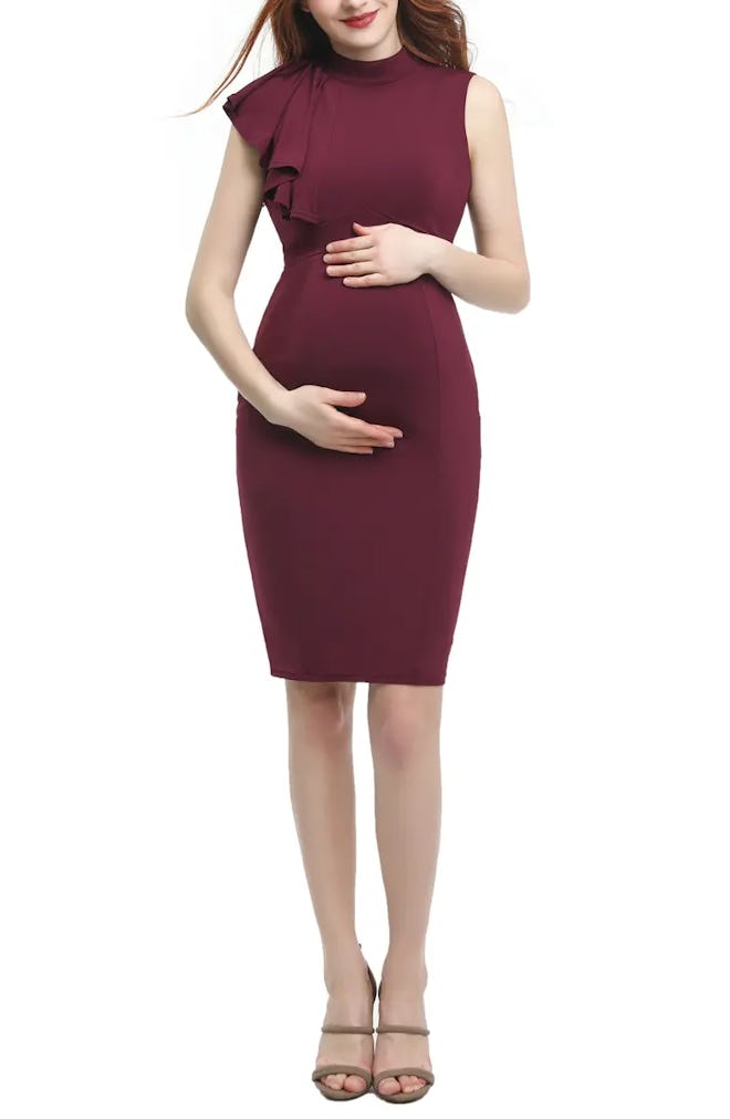 Burgundy maternity dress with ruffle detail at the collar