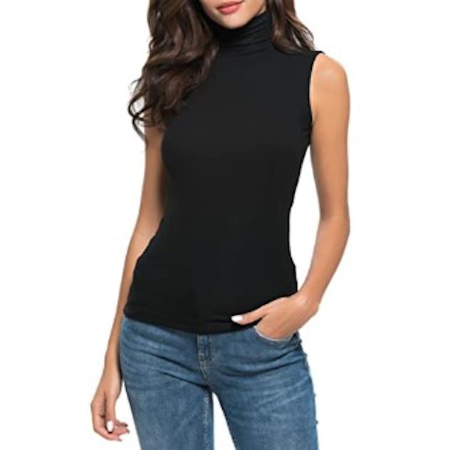 this sleeveless turtleneck top is easy to layer, without adding bulk