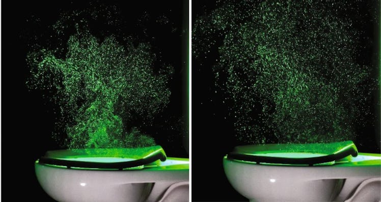 Photographs of the illuminated aerosol plume at t= 2.8, 4.4, and 6.4 s (indicated with dotted lines ...