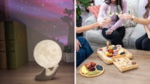 The Balkwan Moon Lamp and the SMIRLY Bamboo Cheese Board and Knife Set in a collage