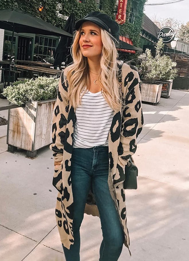 BTFBM Long Sleeve Open Front Leopard Knit Long Cardigan