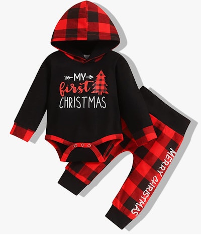 red and black buffalo check baby outfit for baby's 1st christmas