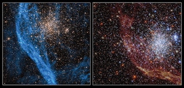 这幅哈勃图像显示了星团NGC 1850,位于大约160000光年。
