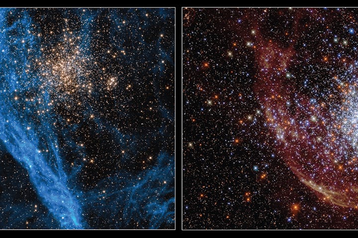 This Hubble image shows the star cluster NGC 1850, located about 160,000 light-years away.