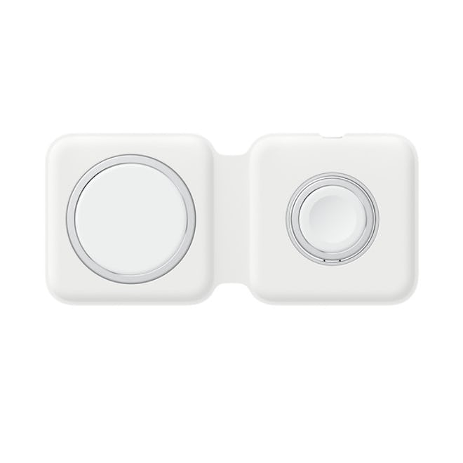 A white double sided wireless charger for Apple devices