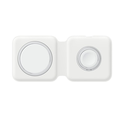 A white double sided wireless charger for Apple devices