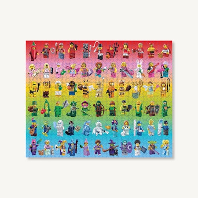 1000-piece puzzle with rainbow ombre background and LEGO mini figures