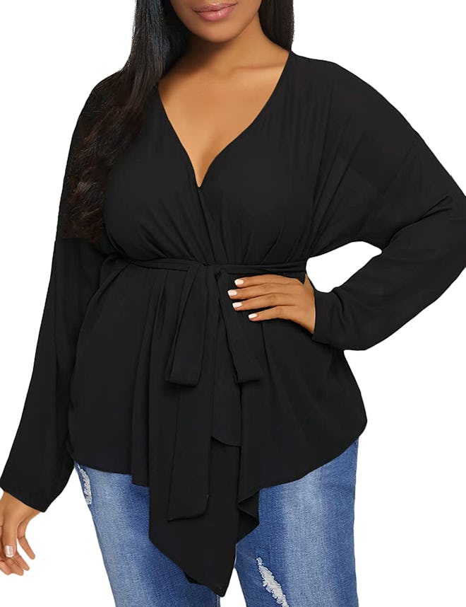 Romwe Belt Tie Peplum Top