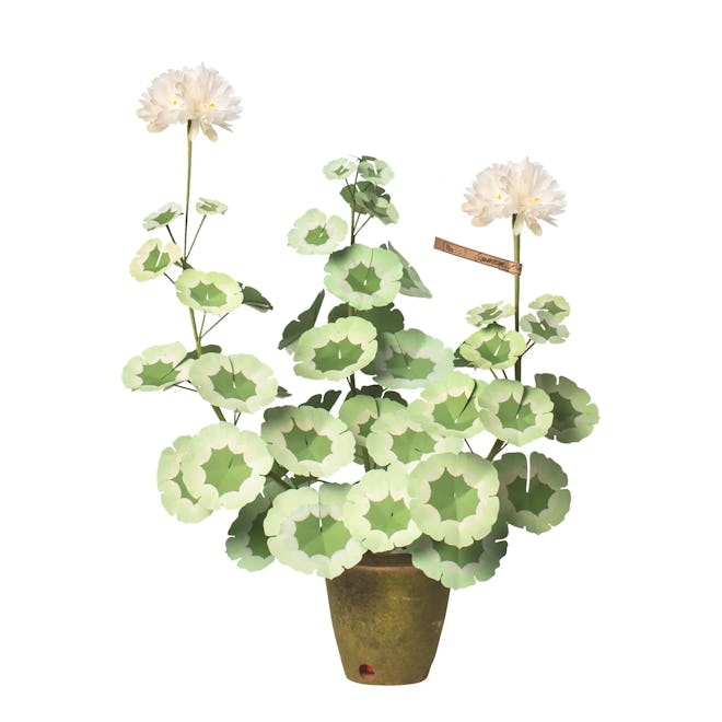 A life-size paper replica of a potted white geranium plant with hand-painted leaves