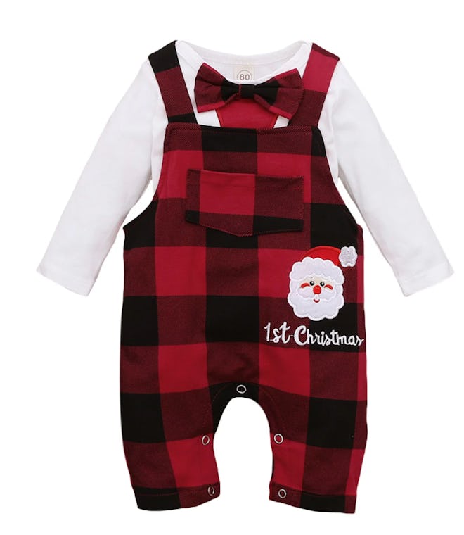 plaid suspenders my first Christmas baby outfit