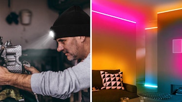 A man wearing a beanie that has a rechargeable LED light and LED lights in a living room