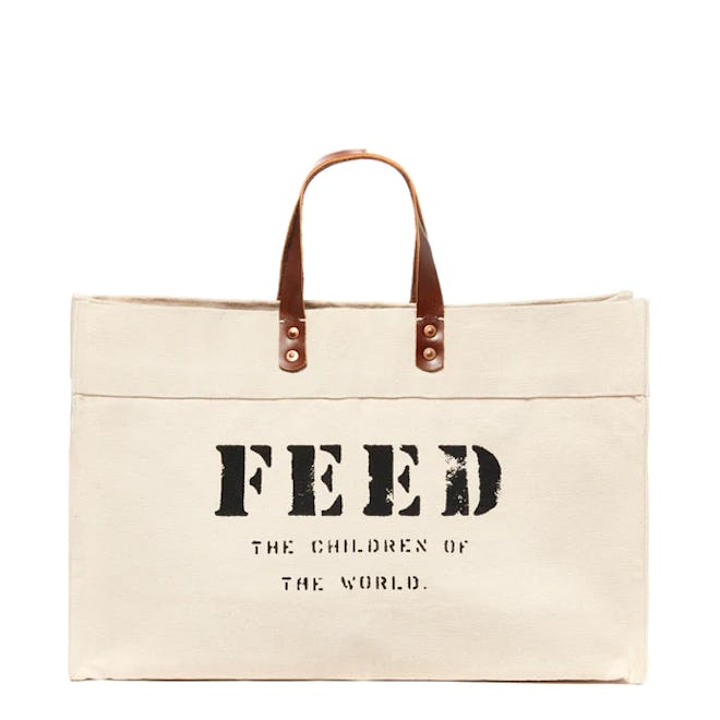 Oversized canvas tote with brown leather handles