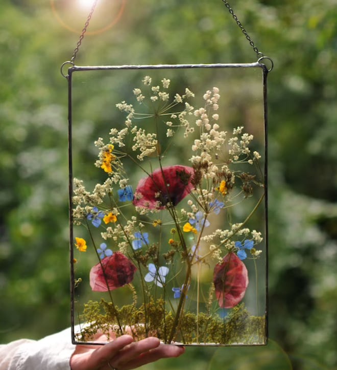 Pressed and dried flowers in a see-through, all-glass photo frame