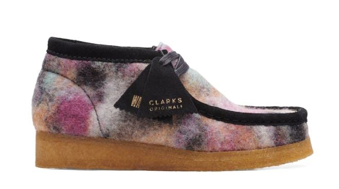 Clarks Wallabee Boots in a dark rainbow tie dye pattern